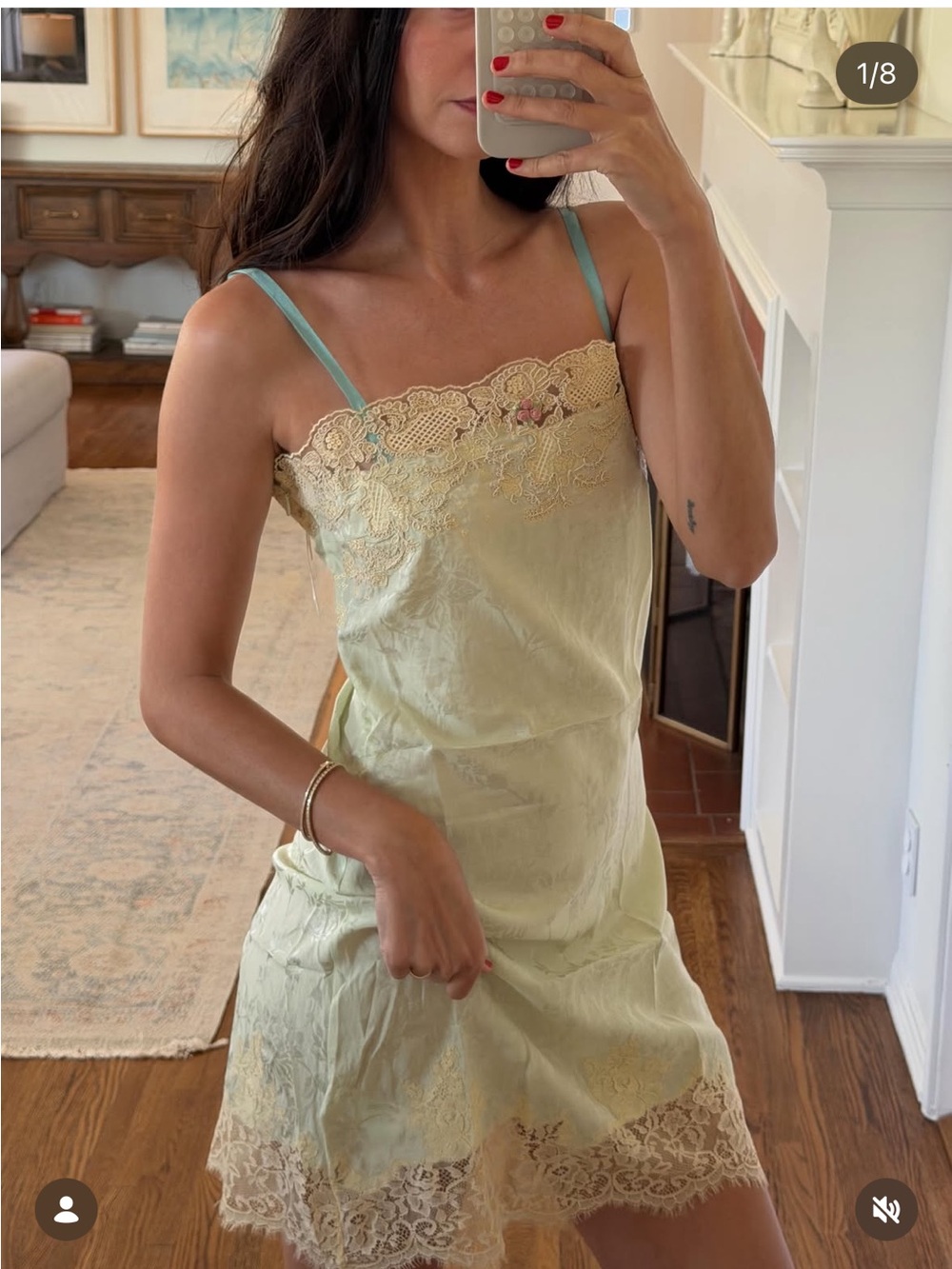Zara mint  jaquard Lace Trim Satin Slip Dress - Cream with Blue Straps
